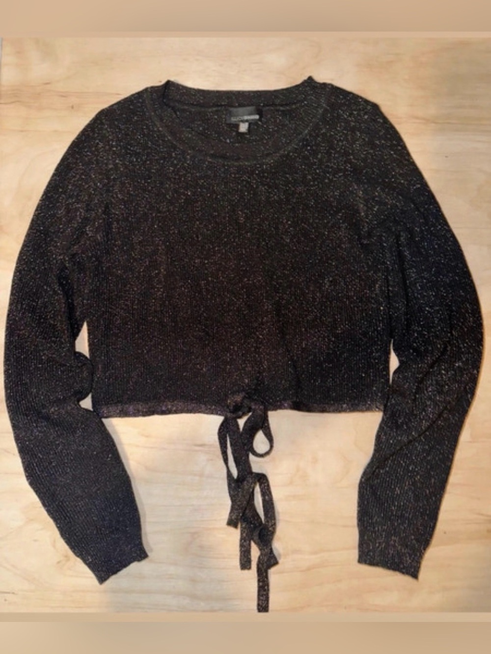 Lucy Paris Black Metallic Tie-Front Crop Sweater